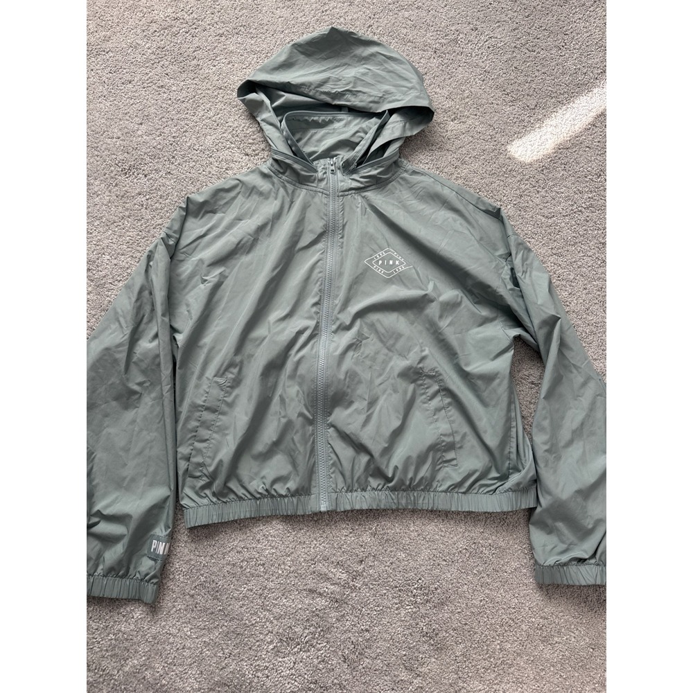 PINK Victoria's Secret Sage Green Hooded Windbreaker Jacket XS/S Full Zip Logo